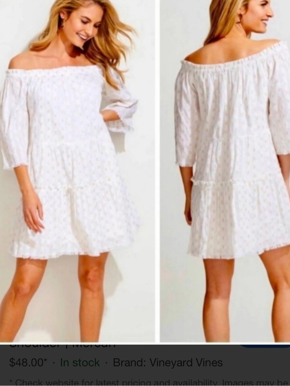 Vineyard Vines White with gold thread Off-Shoulder Cotton Shift Dress M